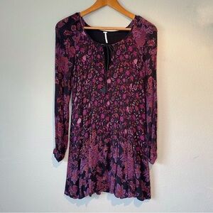 Free People Lucky Loosey Purple Paisley Floral Print Tunic Mini Dress. Size XS
